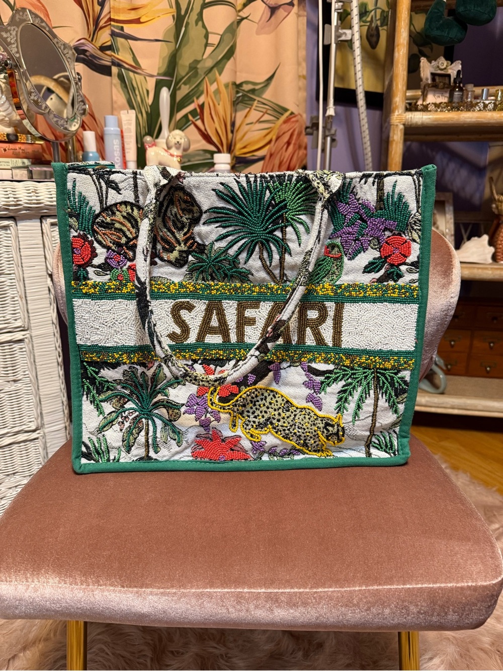 Safari Embroidered Tote Bag in Green and Multi